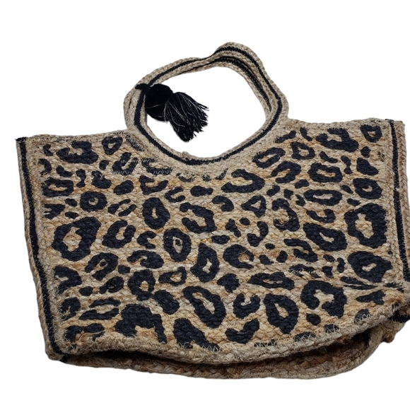 America & Beyond Jute Leopard Print Tote Bag Large Tan Black - Picture 16 of 16